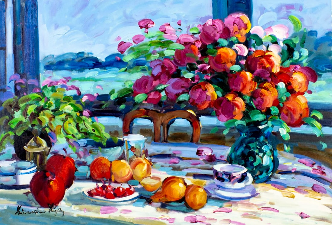Lisandro Baylon (Argentina,US,1951-?) oil painting: ARTIST: Lisandro Lopez Baylon (Argentinian, American, 1951 - ???) TITLE: Tabletop Still Life with Fruit and Vase of Flowers MEDIUM: oil on canvas CONDITION: Unstretched (I