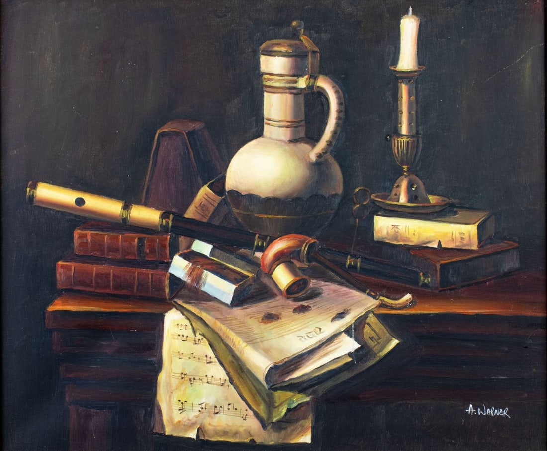 A Warner (US,20C) oil painting: ARTIST: A Warner (American, 20 century) TITLE: Tabletop Still Life MEDIUM: oil on canvas CONDITION: One small patch. Few scratches/paint losses. Some craquelure. No visible