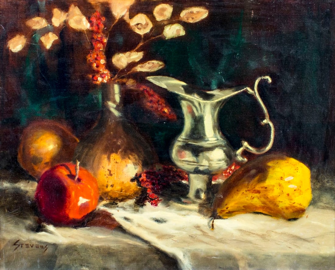 W Ray Stevens (IN,1924-2008) oil painting: ARTIST: W Ray Stevens (Indiana, 1924 - 2008) NAME: Still Life with Pewter Pitcher (titled on verso) MEDIUM: oil on canvas board CONDITION: Very good. No visible inpaint under UV light. SI