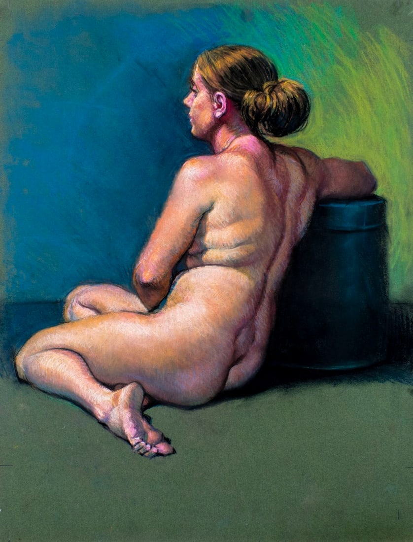 Karl Foster (PA,b 1933) pastel painting: ARTIST: Karl Foster (Pennsylvania, born 1933) TITLE: Seated Female Nude MEDIUM: pastel on heavy paper CONDITION: One small tear to upper edge. ART SIZE: