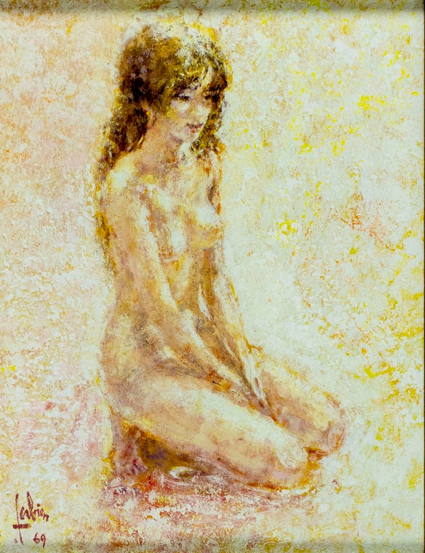 Louis Fabien (US,French,1924-?) oil painting: ARTIST: Louis P Fabien (United States, Belgium, France, 1924 - ???) TITLE: Seated Nude - Lumiere Rose YEAR: 1969 MEDIUM: oil on canvas CONDITION: Very