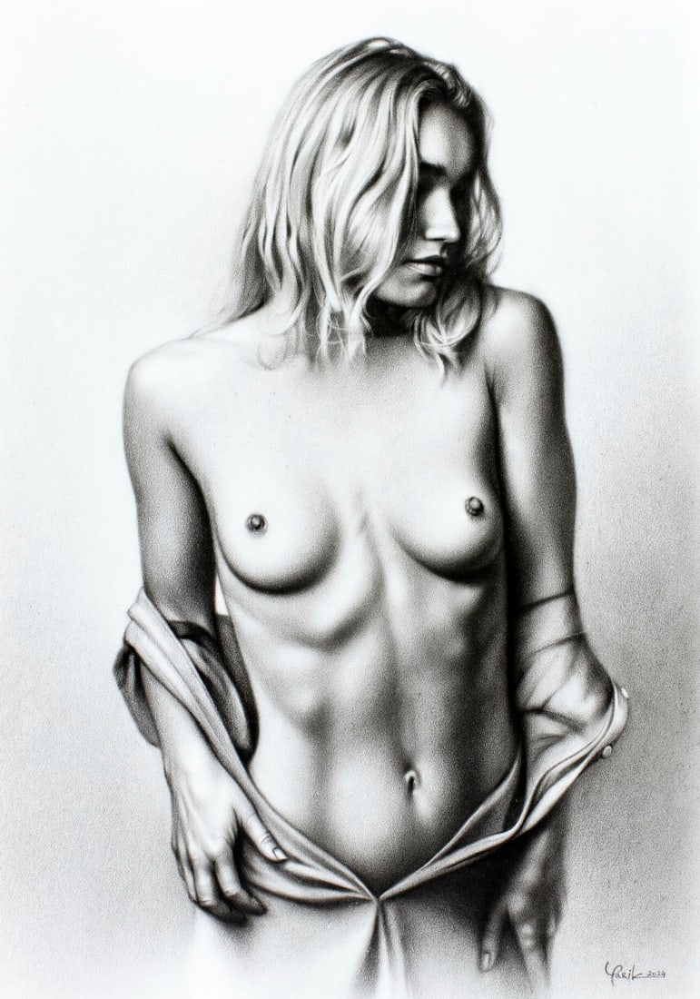 Yaroslav Novostavskiy (Ukraine,b 1989) dry brush oil painting: ARTIST: Yaroslav Novostavskiy (Ukrainian, born 1989) TITLE: Semi Nude MEDIUM: dry brush oil on paper CONDITION: Very good. No visible inpaint under UV light. ART