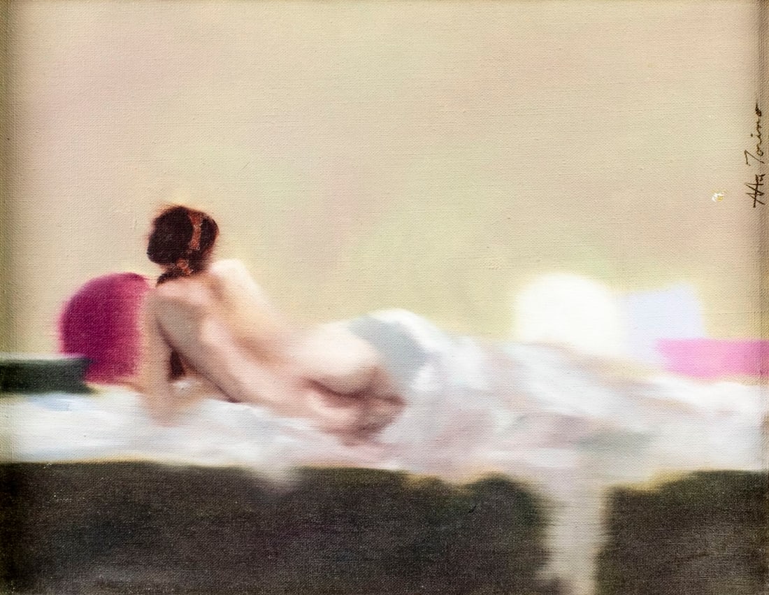 Anthony Michael Autorino (PA,NJ,France,1937-2015) oil painting: ARTIST: Anthony Michael Autorino (Pennsylvania, New Jersey, French, 1937 - 2015) TITLE: Reclining Nude MEDIUM: oil on canvas CONDITION: One small paint loss by the right e