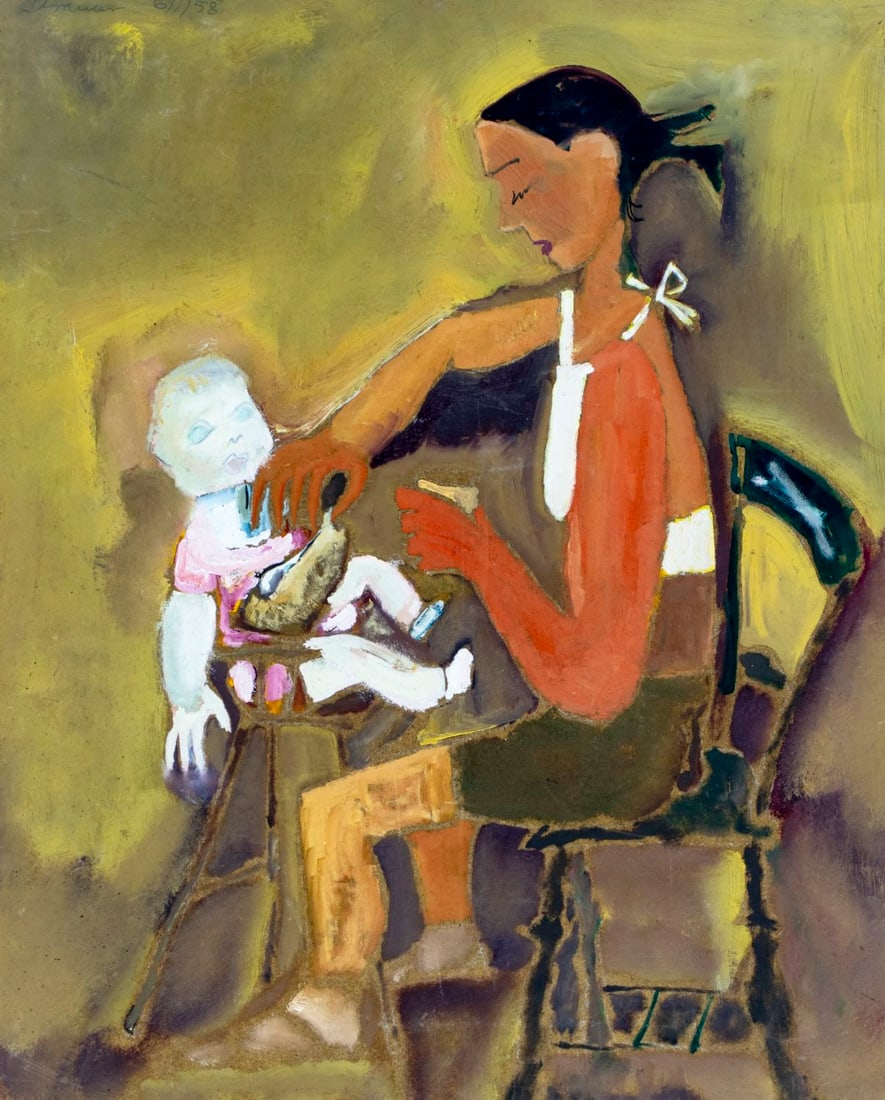 Sterling Strauser (PA,1907-1995) oil painting: ARTIST: Sterling Boyd Strauser (Pennsylvania, 1907 - 1995) TITLE: Mother and Child YEAR: 1958 MEDIUM: oil on board CONDITION: Some small faint scratche
