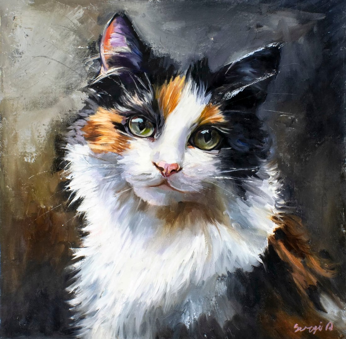 Alex Siryi (Ukraine,b 1997) oil painting: ARTIST: Alex Siryi (Ukrainian, born 1997) TITLE: Cat MEDIUM: oil on canvas CONDITION: Unstretched (In-House stretching available). Very good. No visible inpaint under UV lig
