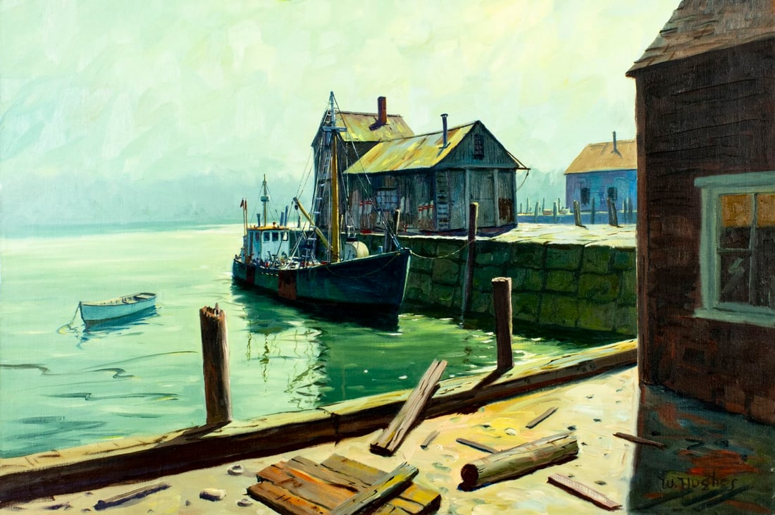 Hjalmar Cappy Amundsen (ME,NY,MA,1911-2001) oil painting: ARTIST: Hjalmar Cappy Amundsen (Maine, New York, Massachusetts, 1911 - 2001) TITLE: Harbor Scene MEDIUM: oil on canvas CONDITION: Unstretched (In-House stretching availab