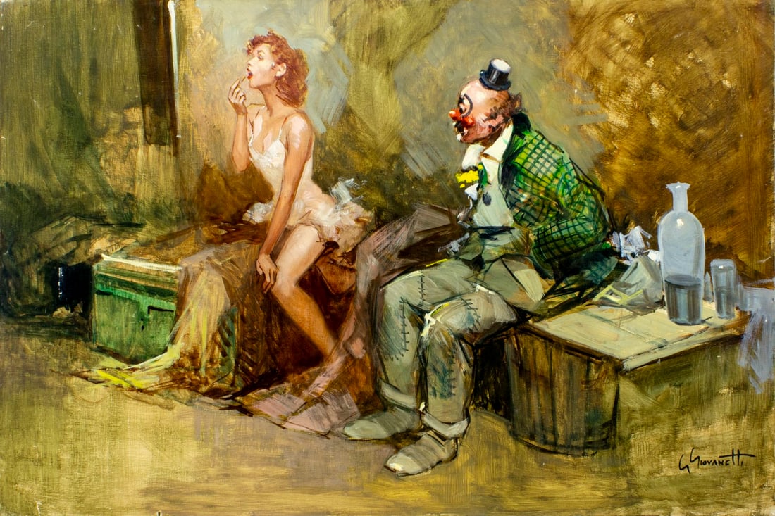 Giordano Giovanetti (Italy,1906-1973) oil painting: ARTIST: Giordano Giovanetti (Italian, 1906 - 1973) TITLE: The Ballerina and the Clown (titled on verso) MEDIUM: oil on canvas CONDITION: Unstretched (In-House stretching a