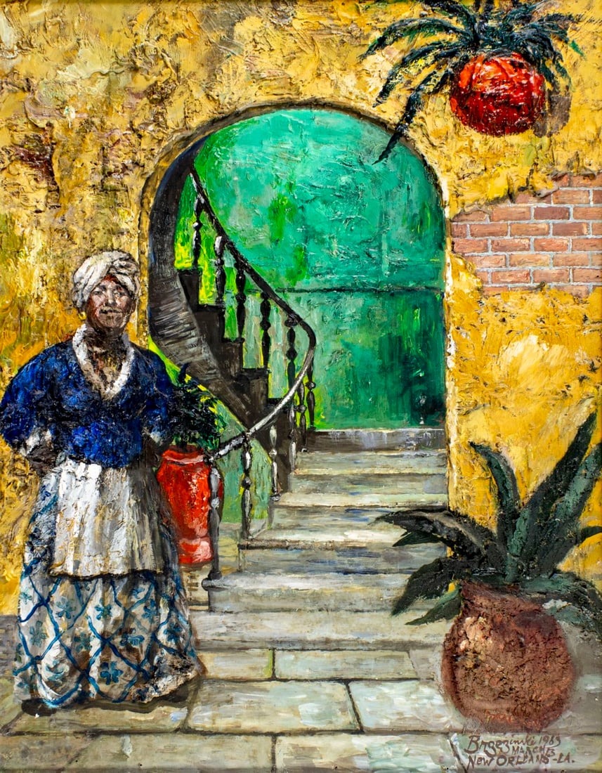 Brzezinski (LA,20C) oil painting: ARTIST: Brzezinski (Louisiana, 20 century) TITLE: Interior Scene, New Orleans, LA YEAR: 1983 MEDIUM: oil on board CONDITION: Few small scratches/paint lo
