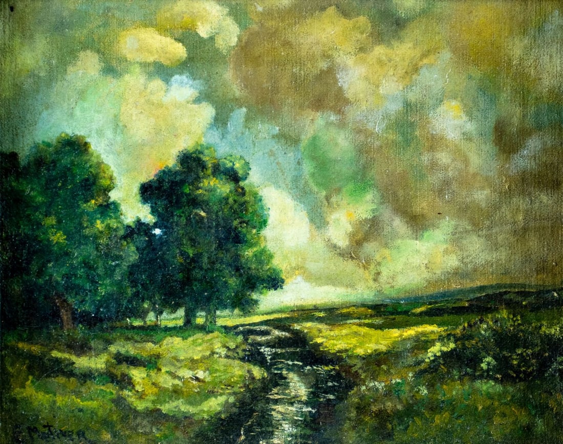 E Metiver (US,19/20C) oil painting antique: ARTIST: E Metiver (American, 19/20 centuries) TITLE: Countryside Landscape MEDIUM: oil on canvas. Canvas applied to board. CONDITION: Some scattered inpaintings.