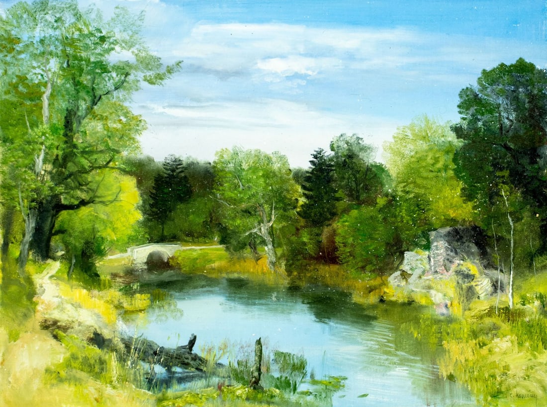 Josef Konecny (Czech,1907-1989) oil painting: ARTIST: Josef Konecny (Czech Republic, 1907 - 1989) TITLE: Forest River Landscape MEDIUM: oil on canvas CONDITION: Few very minor scratches/paint losses. No visible inpain