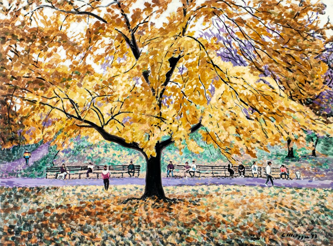 Evelyn Metzger (NY,Brazil,1911-2007) oil painting: ARTIST: Evelyn Borchard Metzger (New York, Brazilian, 1911 - 2007) TITLE: Golden Tree with Benches, Central Park, NY (titled on verso) YEAR: 1993 MEDIUM: oil on board <