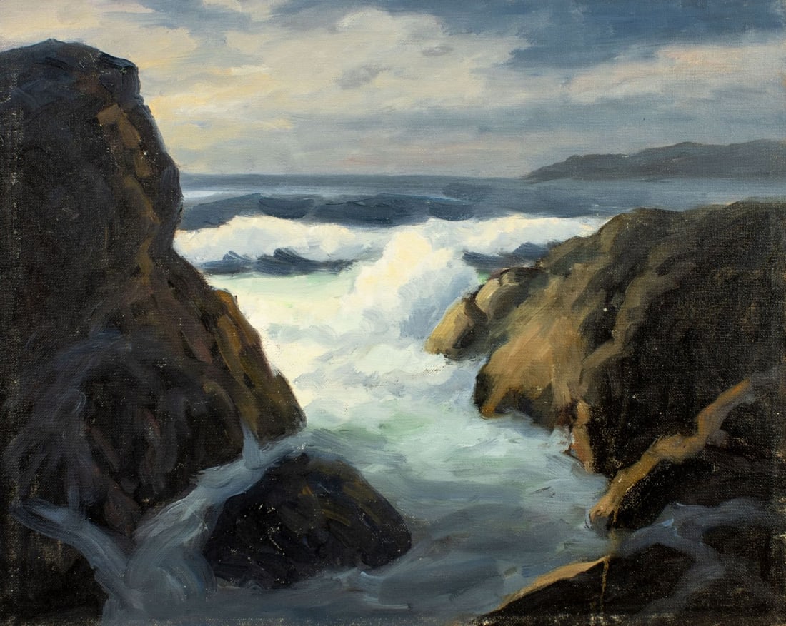 George Holloway (NJ,20C) oil painting: ARTIST: George Holloway (New Jersey, 20 century) TITLE: Rocky Coast MEDIUM: oil on canvas board CONDITION: Minor paint losses. No visible inpaint under UV light.
