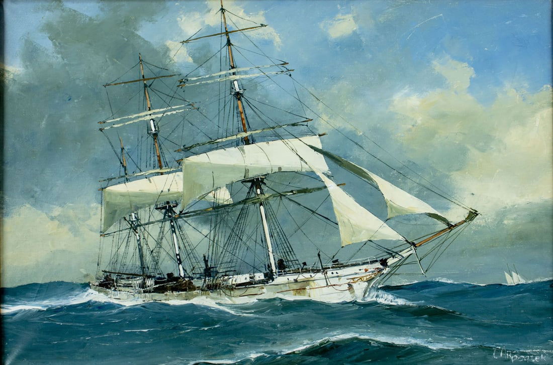 Carpenter (US,20C) oil painting: ARTIST: Carpenter (American, 20 century) TITLE: Sail Ship MEDIUM: oil on canvas CONDITION: Few very minor scratches/paint losses. Some craquelure. No visible inpaint under U