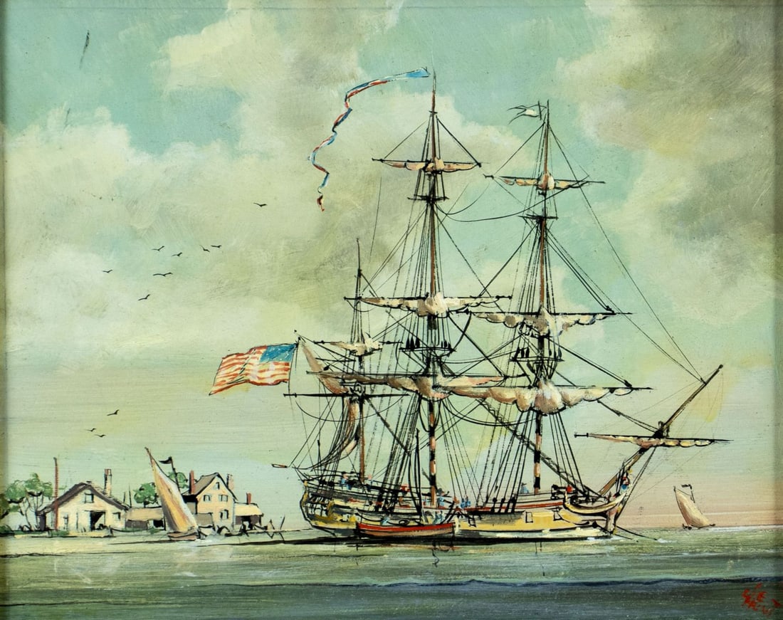 Joe Hunt (US,1912-1999) oil painting: ARTIST: Joe Hunt (American, 1912 - 1999) TITLE: Sail Ship MEDIUM: oil on board CONDITION: Few small scratches/paint losses along edges. No visible inpaint under UV light.