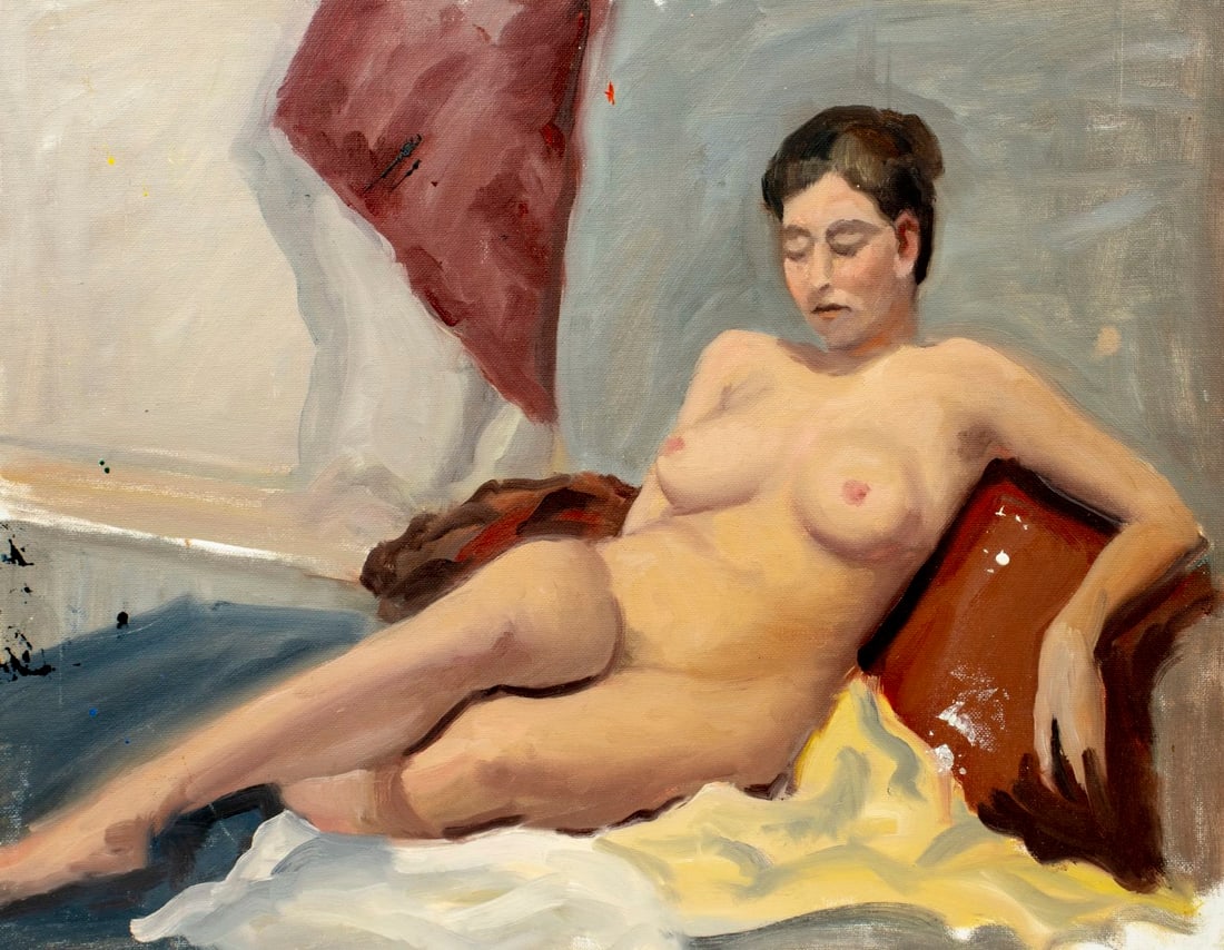 George Holloway (NJ,20C) oil painting: ARTIST: George R Holloway (New Jersey, 20 century) TITLE: Reclining Nude MEDIUM: oil on canvas board CONDITION: Few small scratches/paint losses. Some black and white paint