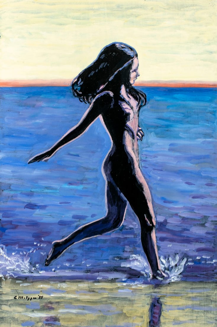 Evelyn Metzger (NY,Brazil,1911-2007) oil painting: ARTIST: Evelyn Borchard Metzger (New York, Brazilian, 1911 - 2007) TITLE: Nude on Shore (titled on verso) YEAR: 1995 MEDIUM: oil on board CONDITION: So