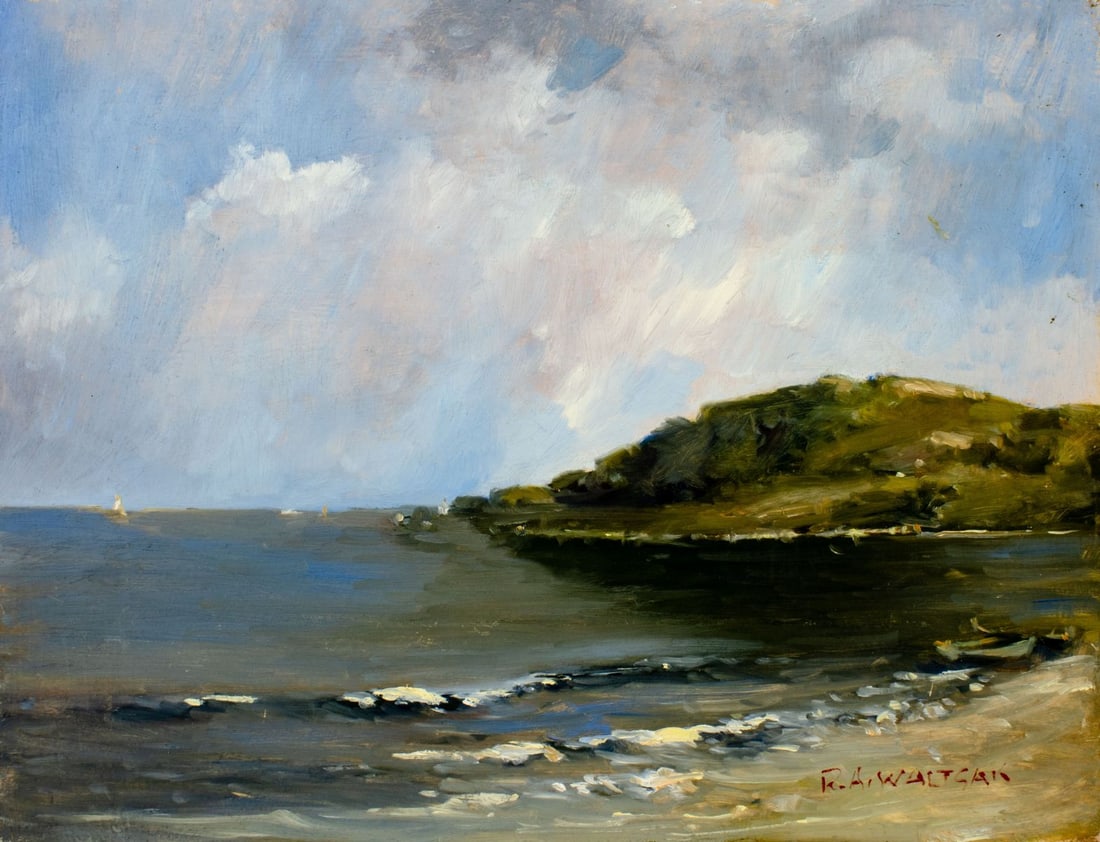 Robert Waltsak (NJ,b 1944) oil painting: ARTIST: Robert Alan Waltsak (New Jersey, born 1944) TITLE: Coastal Landscape MEDIUM: oil on board CONDITION: Few minor paint losses. No visible inpaint under UV light. Norma