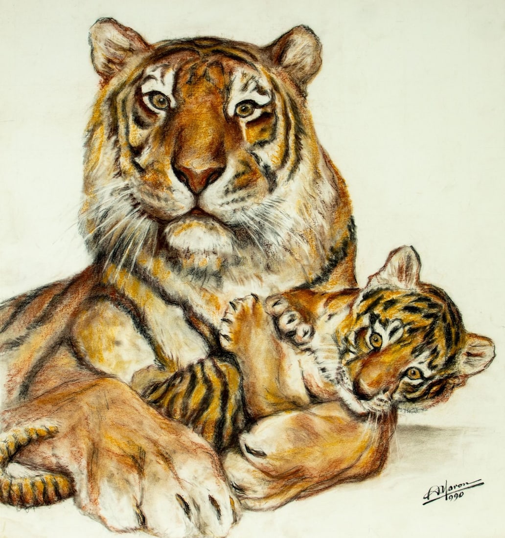 Alexander Yaron (NY,1910-1991) pastel painting: ARTIST: Alexander A Yaron (New York, 1910 - 1991) TITLE: Tiger and Cub YEAR: 1990 MEDIUM: pastel on paper. Paper applied to board. CONDITION: Overall g