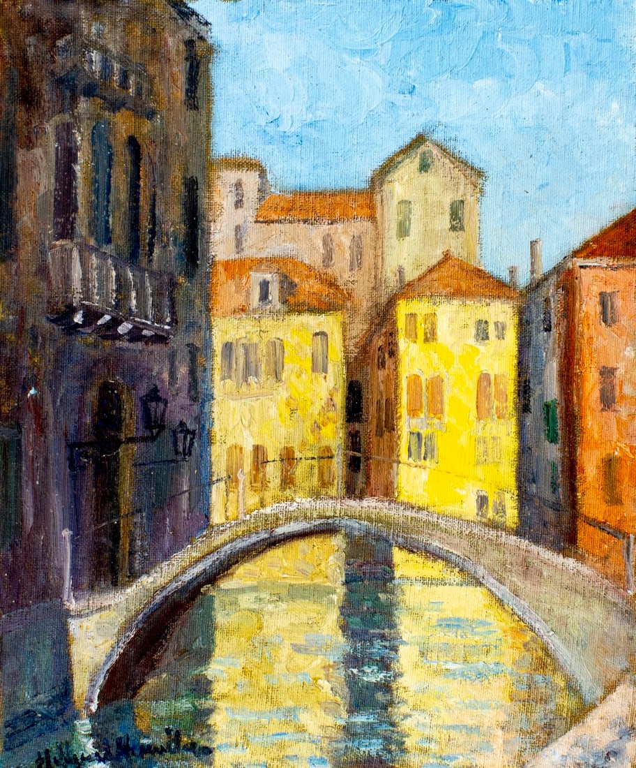 Hildegarde Hamilton (FL,VA,1898-1970) oil painting: ARTIST: Hildegarde Hume Hamilton (Florida, Virginia, 1898 - 1970) TITLE: Canal Cityscape MEDIUM: oil on canvas CONDITION: Unstretched (In-House stretching available). Miss