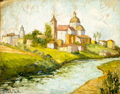 Hildegarde Hamilton (FL,VA,1898-1970) oil painting: ARTIST: Hildegarde Hume Hamilton (Florida, Virginia, 1898 - 1970) TITLE: Rio Pudro Cityscape, Porto Rico (titled on verso) MEDIUM: oil on canvas CONDITION: Unstretched (In
