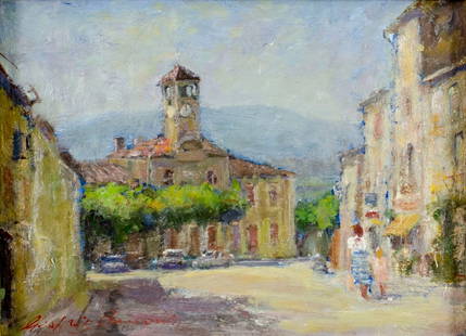 Giusto Benvenuti (Italy,1901-1970) oil painting: ARTIST: Giusto Benvenuti (Italian, 1901 - 1970) TITLE: Cityscape MEDIUM: oil on board CONDITION: Very good. No visible inpaint under UV light. ART SIZE: