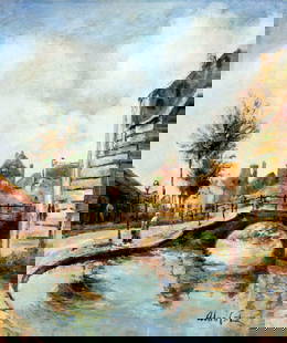 Alan Cote (NY,1937-?) oil painting: ARTIST: Alan Cote (New York, 1937 - ???) TITLE: Bridge Cityscape MEDIUM: oil on canvas CONDITION: Few minor scratches/paint losses. Some craquelure. No visible inpaint und
