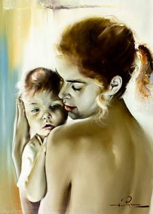 Gastone Peirano (Italy,20C) oil painting: ARTIST: Gastone Peirano (Italian, 20 century) TITLE: Mother and Child MEDIUM: oil on canvas CONDITION: Unstretched (In-House stretching available). Overall good. No visible