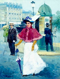 Luis Sagasta (Spain,1929-?) oil painting: ARTIST: Luis Arana Sagasta (Spanish, 1929 - ???) TITLE: Lady with Parasol MEDIUM: oil on canvas CONDITION: Unstretched (In-House stretching available). Few nail holes alo
