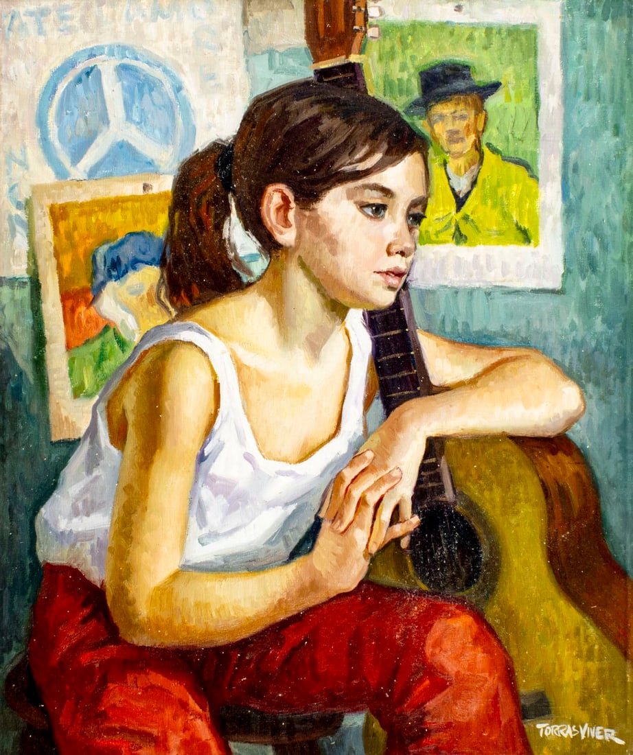 Joan Torras Viver (Spain,1929-2021) oil painting: ARTIST: Joan Torras Viver (Spanish, 1929 - 2021) TITLE: Girl with Guitar MEDIUM: oil on canvas CONDITION: Unstretched (In-House stretching available). Some small paint los