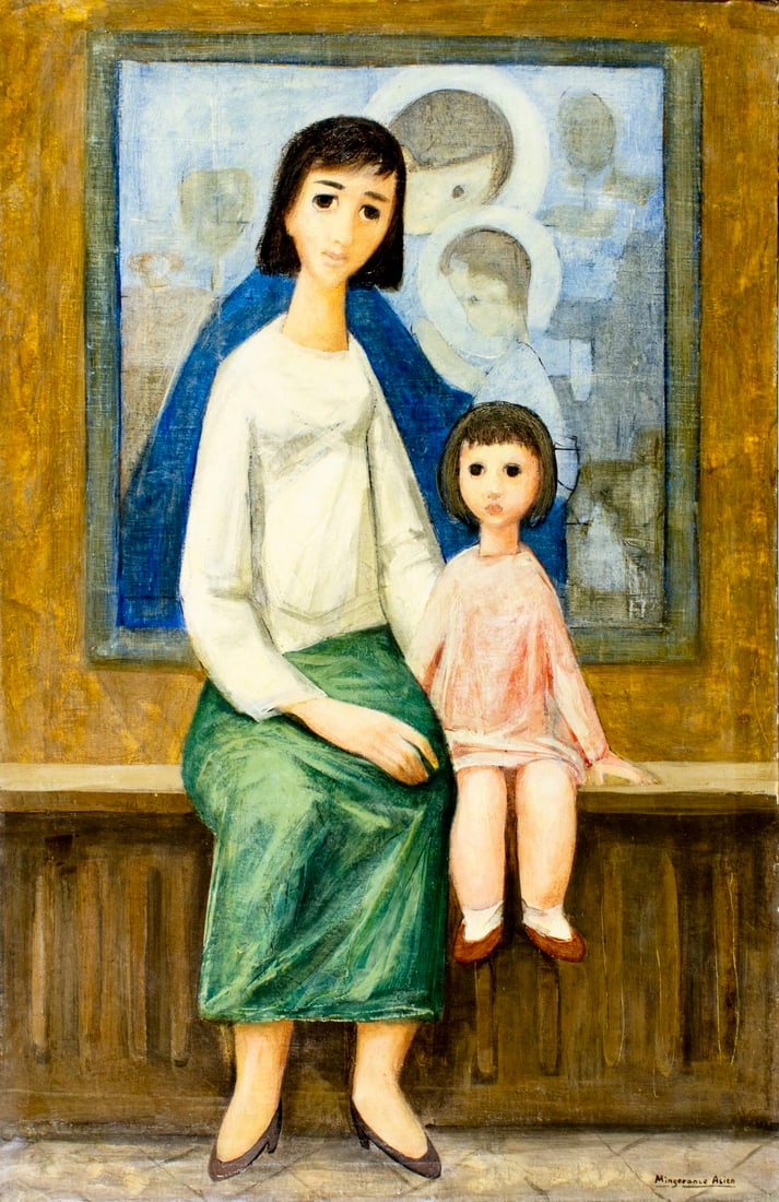 Manuel Mingorance Acien (Spain,1920-2014) oil painting: ARTIST: Manuel Mingorance Acien (Spanish, 1920 - 2014) TITLE: Mother and Daughter MEDIUM: oil on canvas CONDITION: Missing a few flakes of paint. Minor craquelure. No visi