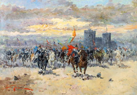 Antonio Gravina (Italy,1934-2011) oil painting: ARTIST: Antonio Gravina (Italian, 1934 - 2011) TITLE: Battle Scene MEDIUM: oil on canvas CONDITION: Unstretched (In-House stretching available). Few minor scratches/paint