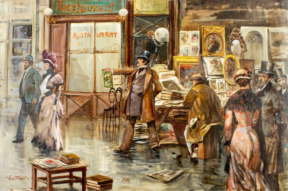 Leo Ferre (Spain,20C) oil painting: ARTIST: Leo Ferre (Spanish, 20 century) TITLE: Street Scene MEDIUM: oil on canvas CONDITION: Unstretched (In-House stretching available). Few minor paint losses. No visible