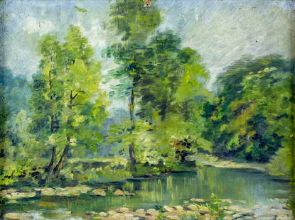 Antique early 20C American oil painting: ARTIST: - (American, early 20 century) TITLE: Stream Landscape YEAR: circa 1900 MEDIUM: oil on board CONDITION: Some small damages to upper edge and co