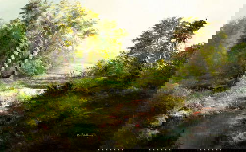 Ron Williams (TN,1947-2016) oil painting: ARTIST: Ron Williams (Tennessee, 1947 - 2016) TITLE: Pond Landscape MEDIUM: oil on canvas CONDITION: Few minor paint losses. No visible inpaint under UV light. Normal wear
