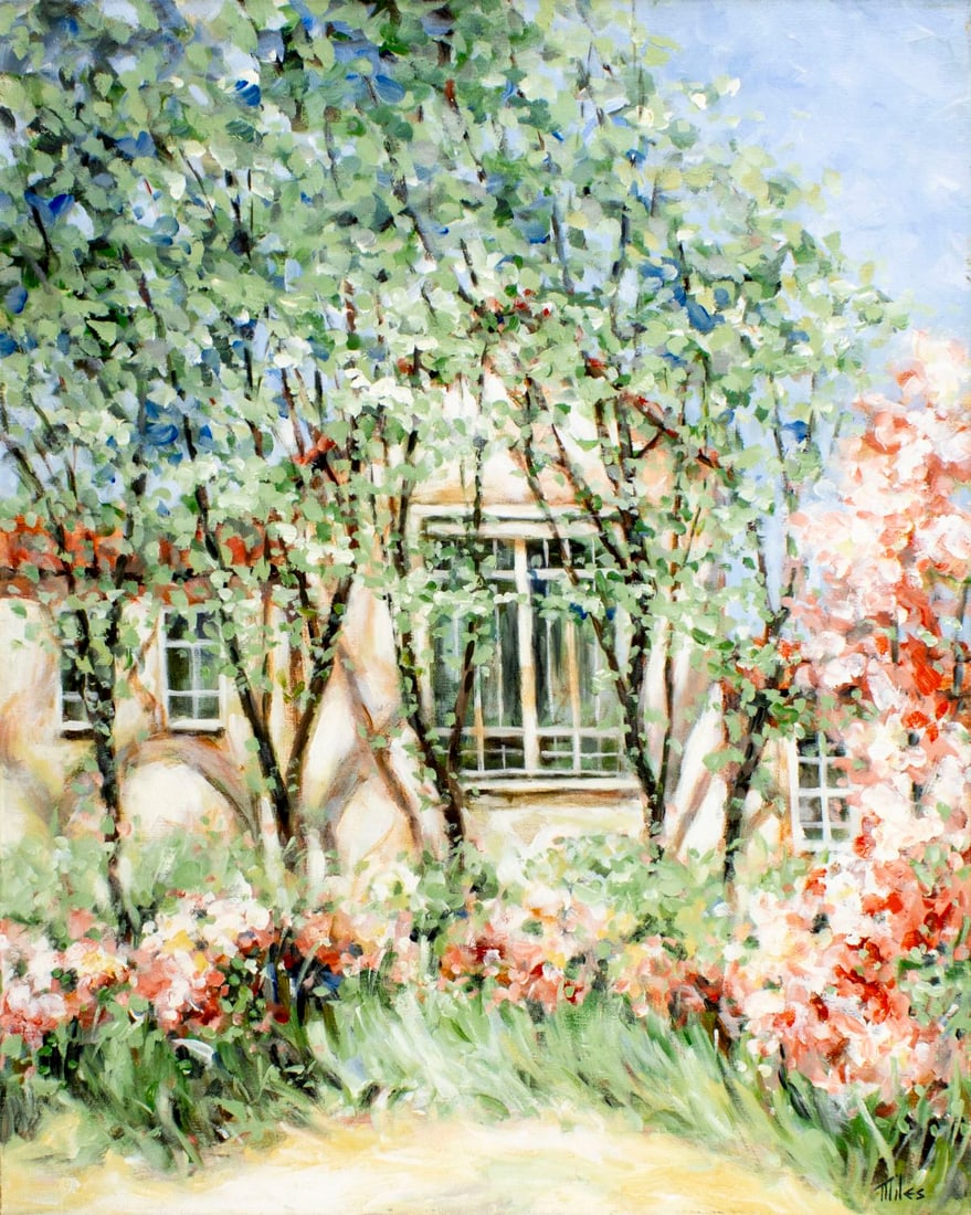Matthew Miles (NY,1924-?) oil painting: ARTIST: Matthew Albert Miles (New York, 1924 - ???) TITLE: Garden Landscape with House MEDIUM: oil on canvas CONDITION: Unstretched (In-House stretching available). Overal