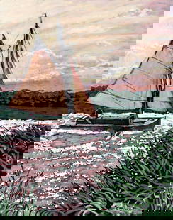 Evelyn Metzger (NY,Brazil,1911-2007) oil painting: ARTIST: Evelyn Borchard Metzger (New York, Brazilian, 1911 - 2007) TITLE: River Landscape with Sailboat YEAR: 1996 MEDIUM: oil on board CONDITION: Few