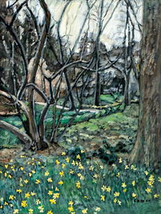 Evelyn Metzger (NY,Brazil,1911-2007) oil painting: ARTIST: Evelyn Borchard Metzger (New York, Brazilian, 1911 - 2007) TITLE: Forest Landscape YEAR: 2000 MEDIUM: oil on board CONDITION: Overall good. No
