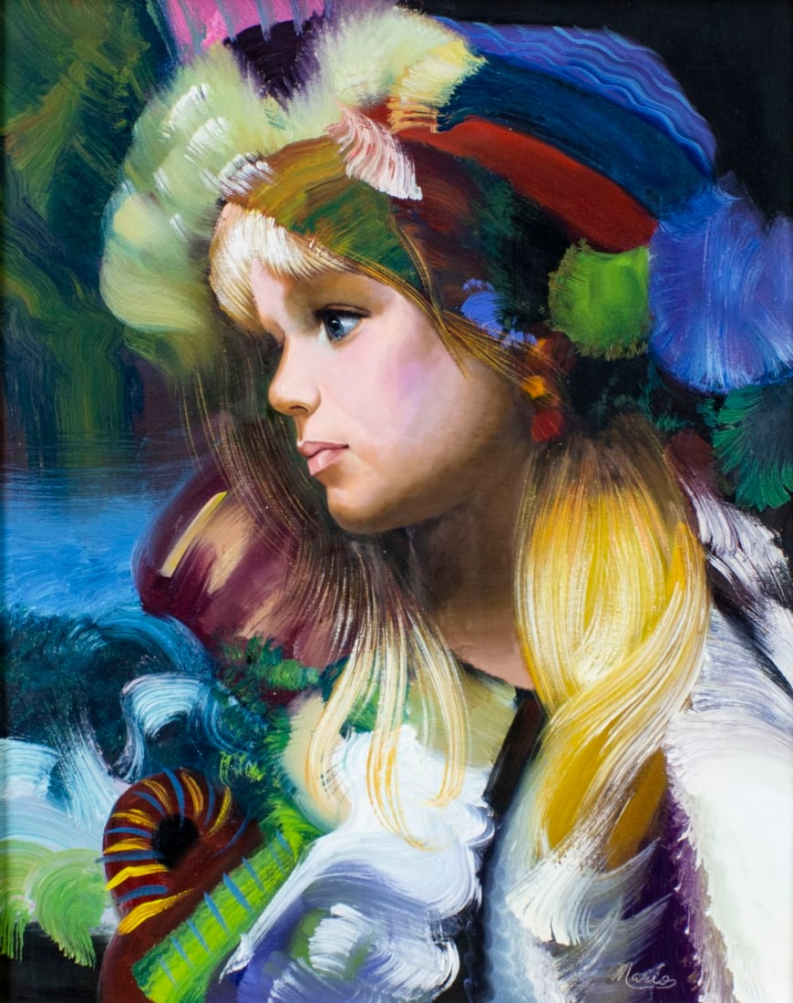 Mario (Europe,20C) oil painting: ARTIST: Mario (European, 20 century) TITLE: Portrait of Girl MEDIUM: oil on canvas CONDITION: Few minor paint losses. No visible inpaint under UV light. ART SIZE