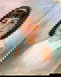 Beatrix McCulley (CA,1899-1983) oil painting: ARTIST: Beatrix Maureen McCulley (California, 1899 - 1983) NAME: Portrait of Girl MEDIUM: oil on canvas CONDITION: Missing a few flakes of paint. No visible inpaint under UV light. SIGHT