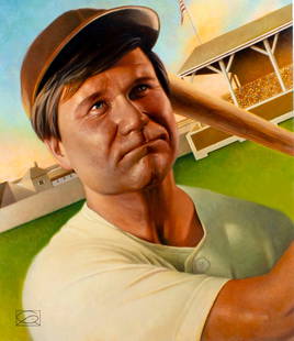 Greg Rudd (US,b 1952) oil painting: ARTIST: Greg Rudd (American, born 1952) TITLE: Folk Heroes - Casey at the Bat (titled on verso) YEAR: 1996 MEDIUM: oil on board CONDITION: Very good. No