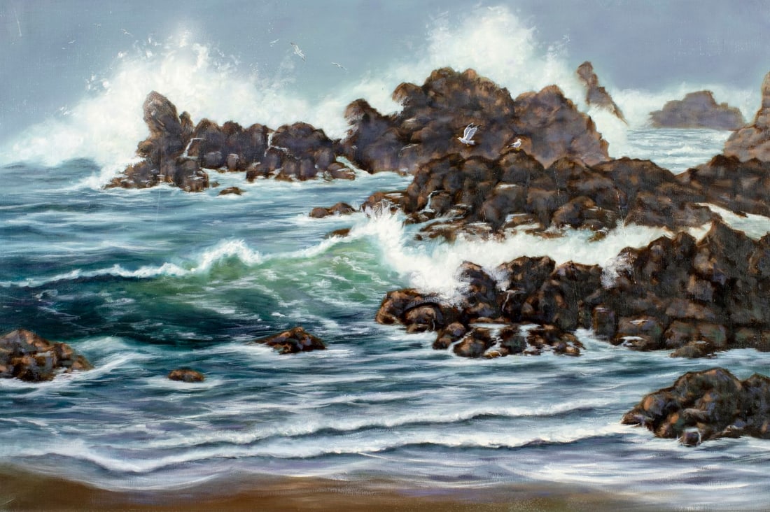 Glen Fortune Banse (NJ,1948-2018) oil painting: ARTIST: Glen Fortune Banse (New Jersey, 1948 - 2018) TITLE: Rocky Coast MEDIUM: oil on canvas CONDITION: Few faint scratches. No visible inpaint under UV light.