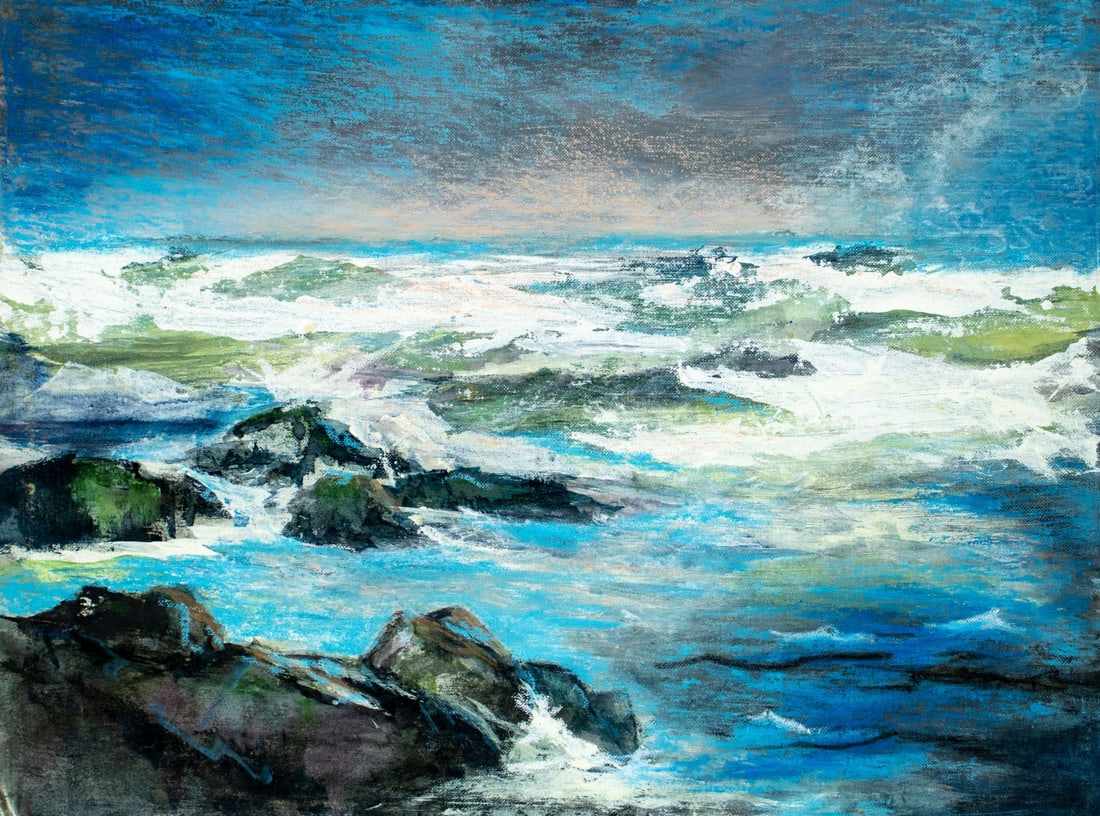 Vintage 20C American oil painting: ARTIST: - (American, 20 century) TITLE: Seascape MEDIUM: oil on canvas board CONDITION: Overall good. No visible inpaint under UV light. Normal wear along edges.