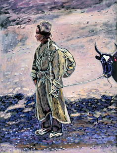 Evelyn Metzger (NY,Brazil,1911-2007) oil painting: ARTIST: Evelyn Borchard Metzger (New York, Brazilian, 1911 - 2007) TITLE: Tibetan Leading YEAR: 1995 MEDIUM: oil on board CONDITION: One small scratch