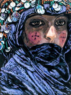 Evelyn Metzger (NY,Brazil,1911-2007) oil painting: ARTIST: Evelyn Borchard Metzger (New York, Brazilian, 1911 - 2007) TITLE: Young Berber Woman, South Africa (titled on verso) YEAR: 1995 MEDIUM: oil on board CON