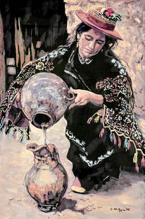 Evelyn Metzger (NY,Brazil,1911-2007) oil painting: ARTIST: Evelyn Borchard Metzger (New York, Brazilian, 1911 - 2007) TITLE: Bolivian Water Bearer (titled on verso) YEAR: 1995 MEDIUM: oil on board CONDITION: