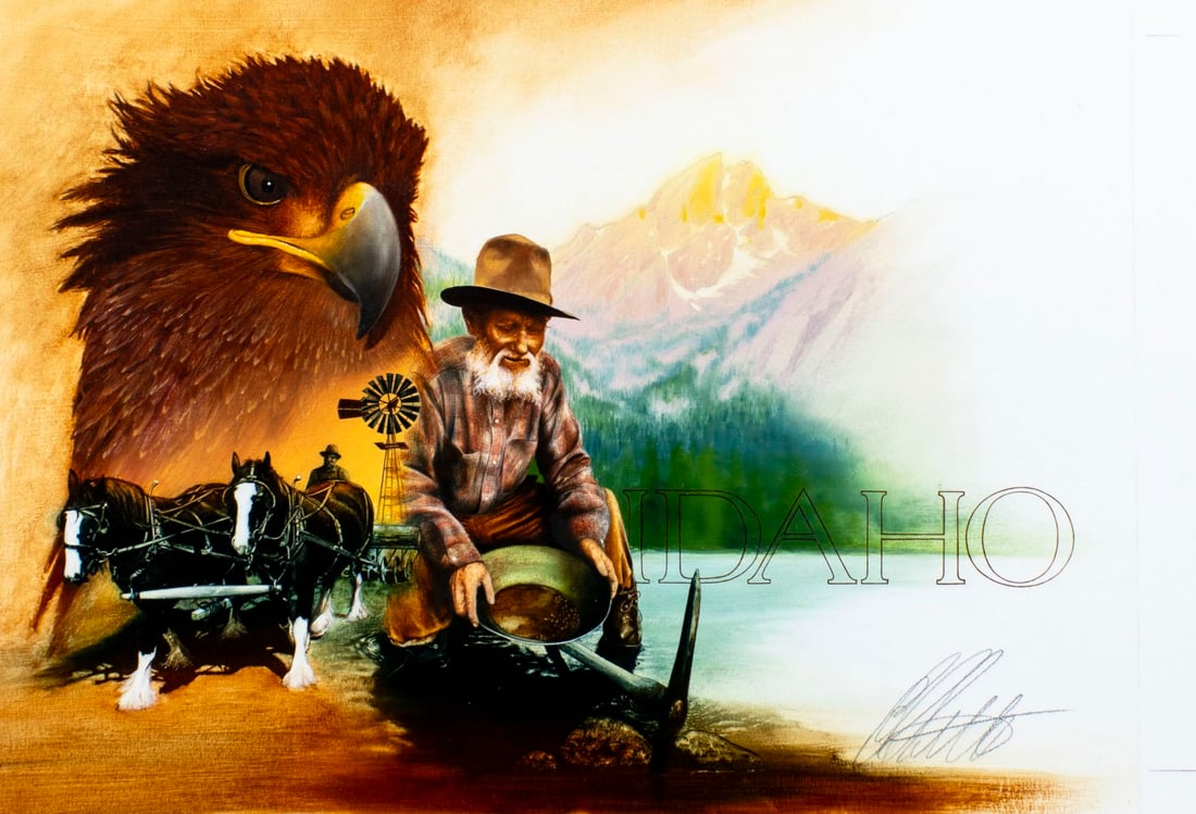 Ed Little (CT,b 1957) oil painting: ARTIST: Ed Little (Connecticut, born 1957) TITLE: Idaho Statehood YEAR: 1989 MEDIUM: oil on board CONDITION: Very good. No visible inpaint under UV light