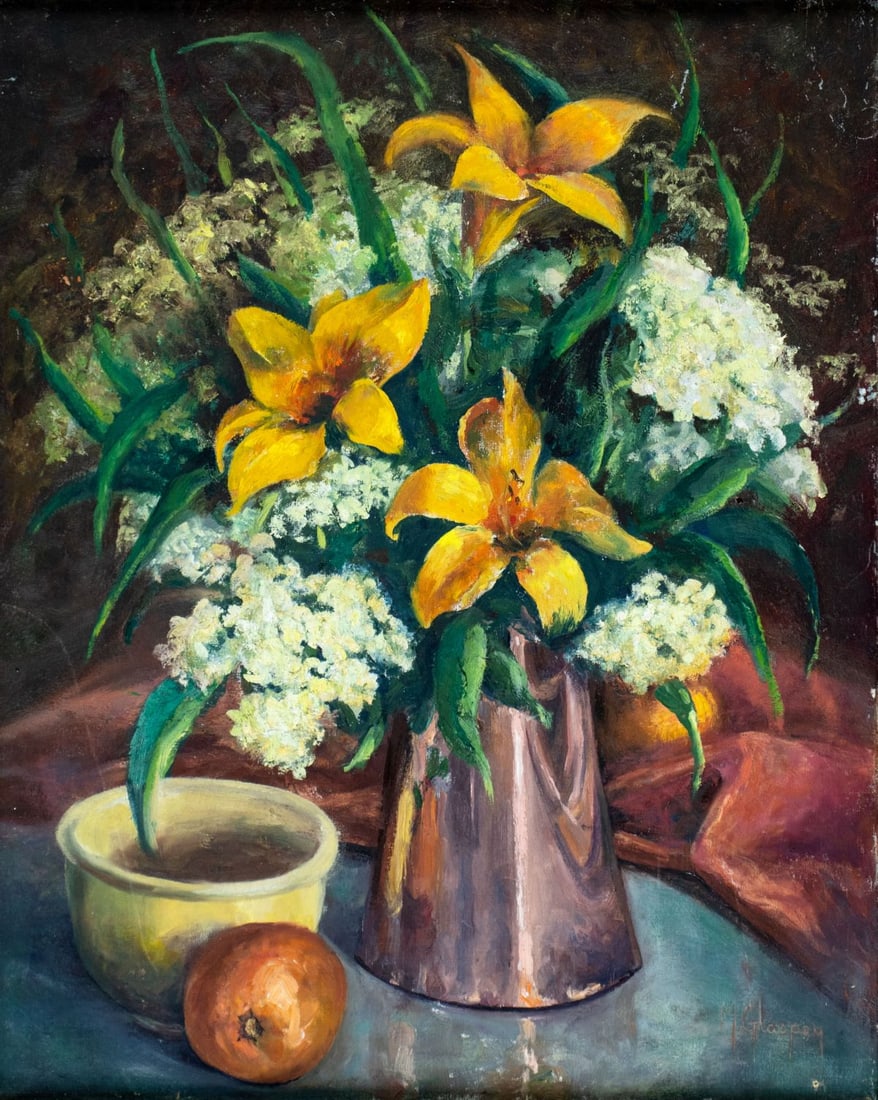 M Glaspey (US,20C) oil painting: ARTIST: M Glaspey (American, 20 century) TITLE: Still Life with Vase of Flowers and Orange MEDIUM: oil on canvas CONDITION: One nail hole by the lower right corner. Some scr