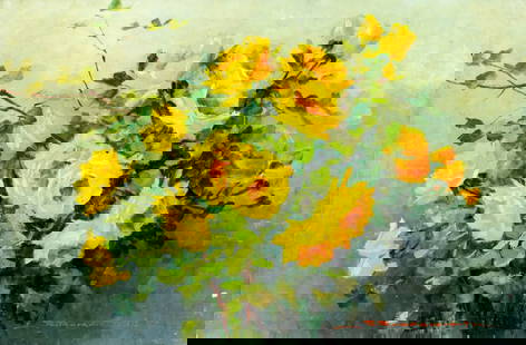 R Romagnoli (Italy,20C) oil painting: ARTIST: R Romagnoli (Italian, 20 century) TITLE: Still Life with Yellow Roses MEDIUM: oil on canvas CONDITION: Some scratches/paint losses (see pictures carefully). Some cra