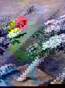 Evelyn Metzger (NY,Brazil,1911-2007) oil painting: ARTIST: Evelyn Borchard Metzger (New York, Brazilian, 1911 - 2007) TITLE: Still Life with Vase of Flowers MEDIUM: oil on board CONDITION: Some scratches/paint losses mostly