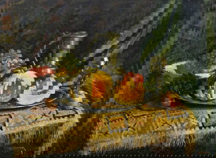 Louis Bron (Dutch,Swiss,1884-1959) oil painting: ARTIST: Jean Louis Henri Bron (Netherlands, Switzerland, 1884 - 1959) TITLE: Still Life with Fruits MEDIUM: oil on canvas CONDITION: Small scratches/paint losses. Some cra